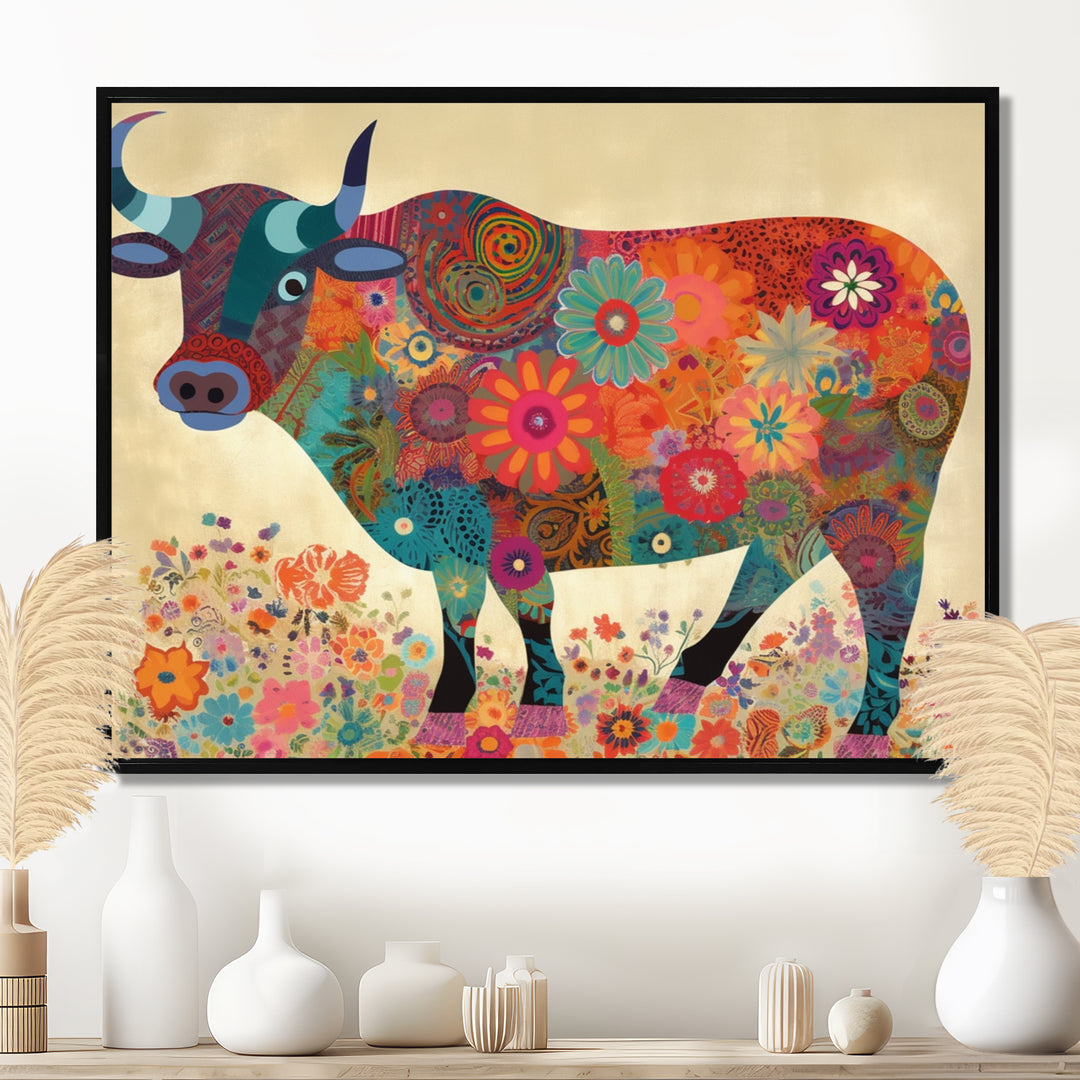 Colorful Flower Boho Bull - Bull Canvas Wall Art