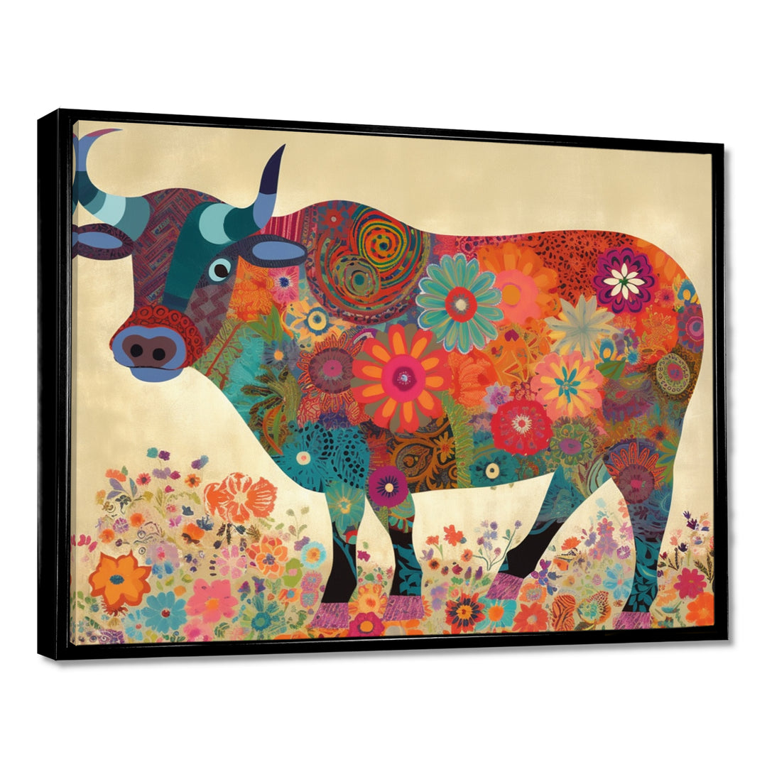 Colorful Flower Boho Bull - Bull Canvas Wall Art