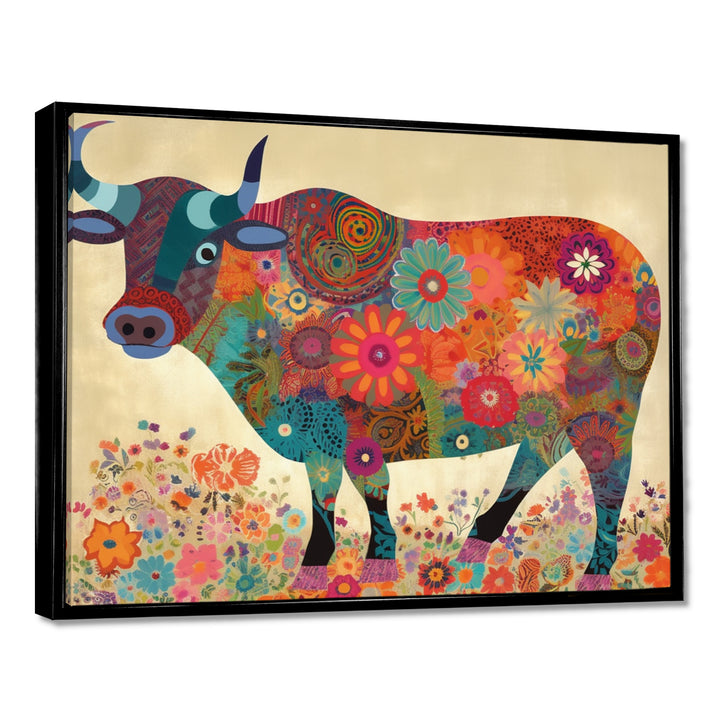 Colorful Flower Boho Bull - Bull Canvas Wall Art
