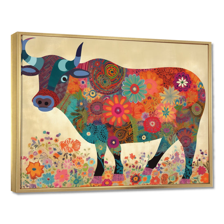 Colorful Flower Boho Bull - Bull Canvas Wall Art
