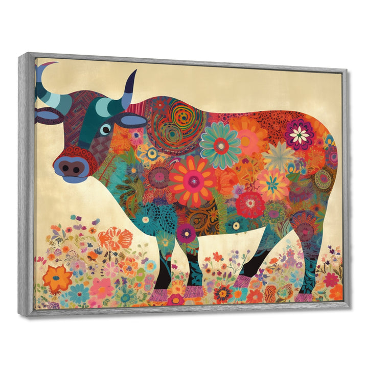 Colorful Flower Boho Bull - Bull Canvas Wall Art