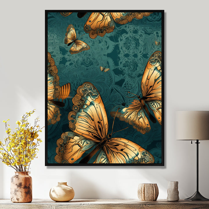 Golden Wings On Turquoise - Gold Butterfly Wall Art