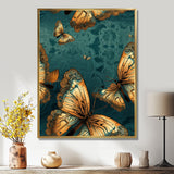 Golden Wings On Turquoise - Gold Butterfly Wall Art