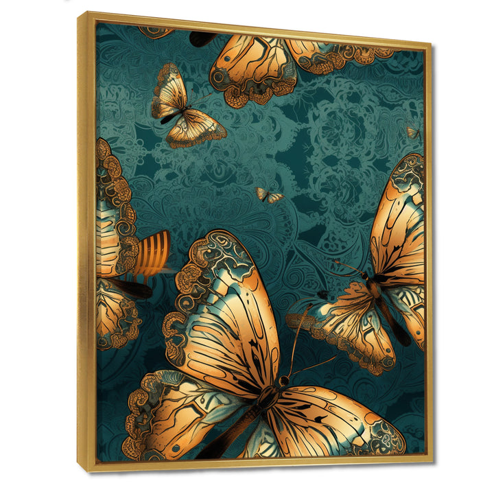 Golden Wings On Turquoise - Gold Butterfly Wall Art