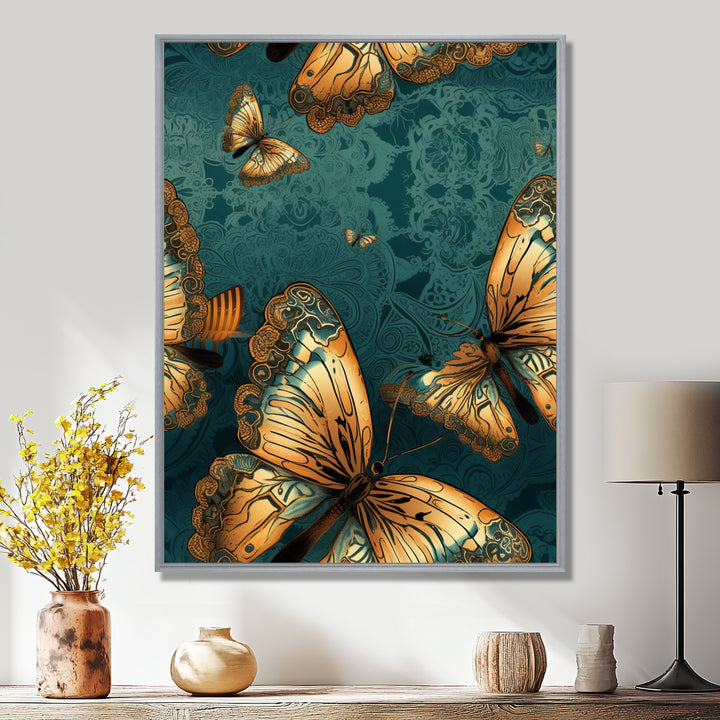 Golden Wings On Turquoise - Gold Butterfly Wall Art