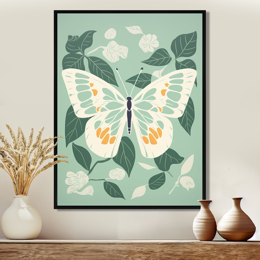 Butterfly White Wings On Retro Green - Butterfly Bedroom Wall Art
