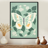 Butterfly White Wings On Retro Green - Butterfly Bedroom Wall Art