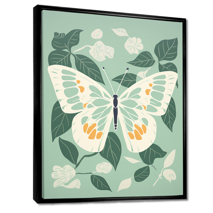 Butterfly White Wings On Retro Green - Butterfly Bedroom Wall Art