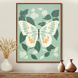 Butterfly White Wings On Retro Green - Butterfly Bedroom Wall Art