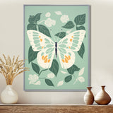 Butterfly White Wings On Retro Green - Butterfly Bedroom Wall Art