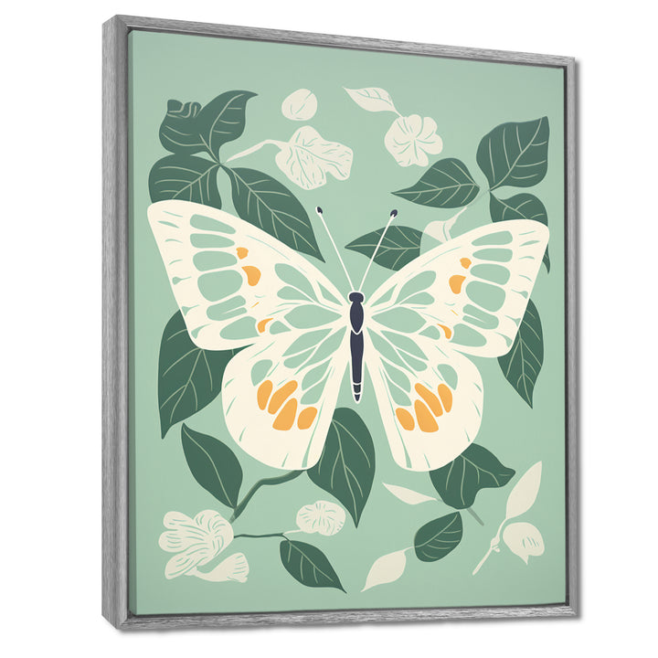 Butterfly White Wings On Retro Green - Butterfly Bedroom Wall Art