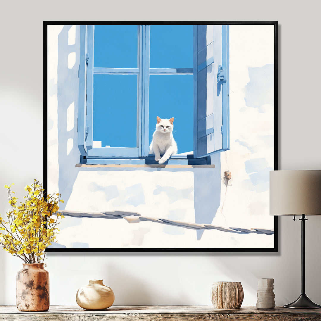 White Cat Sitting By The Window Blue Sky Greece - Cat Wall Art Prints