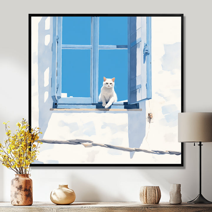 White Cat Sitting By The Window Blue Sky Greece - Cat Wall Art Prints