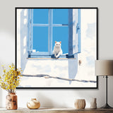 White Cat Sitting By The Window Blue Sky Greece - Cat Wall Art Prints