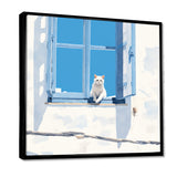 White Cat Sitting By The Window Blue Sky Greece - Cat Wall Art Prints