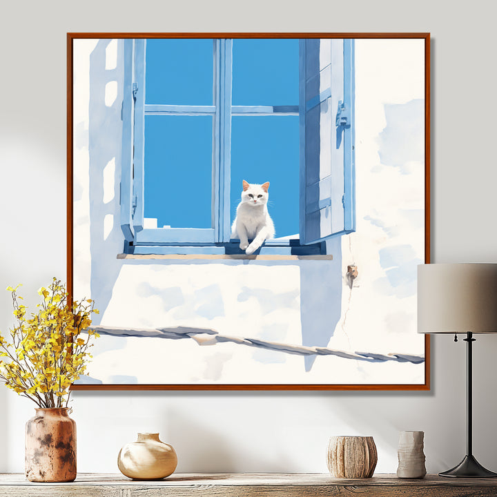White Cat Sitting By The Window Blue Sky Greece - Cat Wall Art Prints
