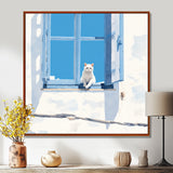 White Cat Sitting By The Window Blue Sky Greece - Cat Wall Art Prints