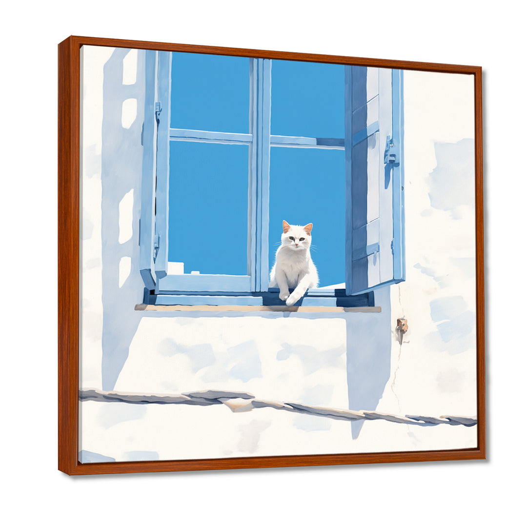 White Cat Sitting By The Window Blue Sky Greece - Cat Wall Art Prints