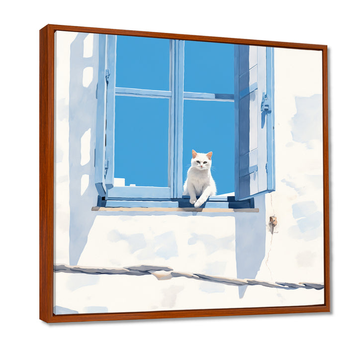 White Cat Sitting By The Window Blue Sky Greece - Cat Wall Art Prints