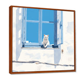 White Cat Sitting By The Window Blue Sky Greece - Cat Wall Art Prints