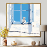 White Cat Sitting By The Window Blue Sky Greece - Cat Wall Art Prints