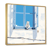 White Cat Sitting By The Window Blue Sky Greece - Cat Wall Art Prints