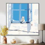White Cat Sitting By The Window Blue Sky Greece - Cat Wall Art Prints