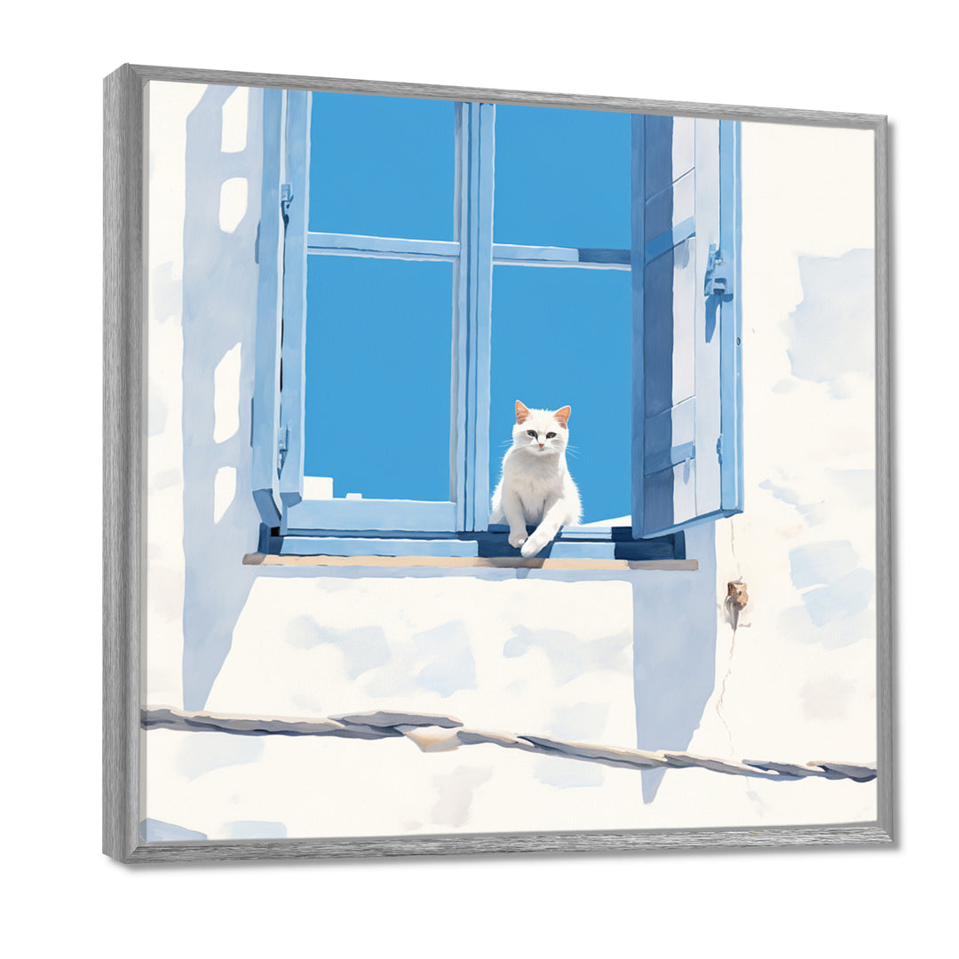 White Cat Sitting By The Window Blue Sky Greece - Cat Wall Art Prints