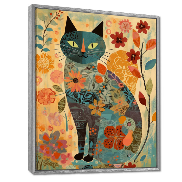 Boho Cat Flower Collage - Multi-Color Cat Wall Art