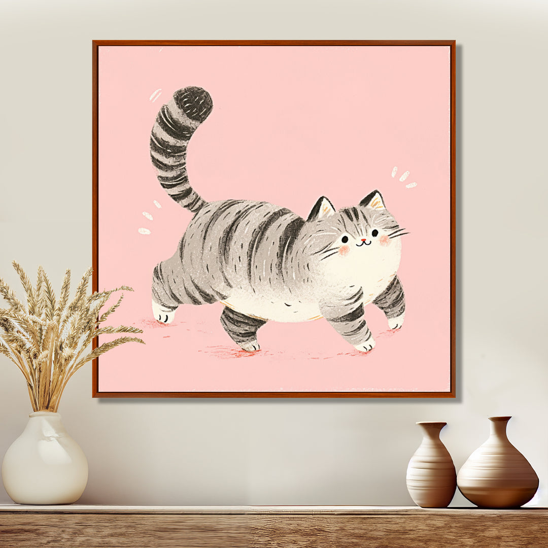 Fluffy Tiger Cat On Pink - Cat Living Room Wall Art