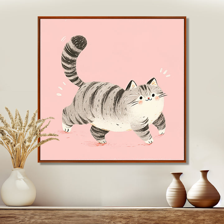 Fluffy Tiger Cat On Pink - Cat Living Room Wall Art