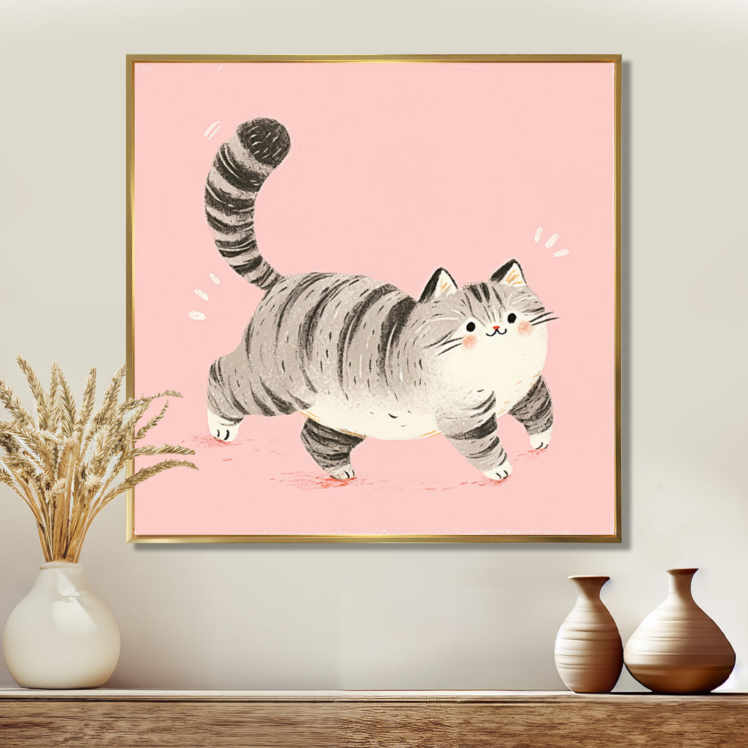 Fluffy Tiger Cat On Pink - Cat Living Room Wall Art