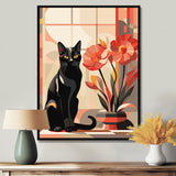 Retro Black Cat Sitting By Red Flowers - Cat Canvas Wall Art