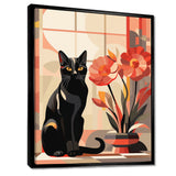 Retro Black Cat Sitting By Red Flowers - Cat Canvas Wall Art