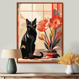 Retro Black Cat Sitting By Red Flowers - Cat Canvas Wall Art