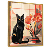 Retro Black Cat Sitting By Red Flowers - Cat Canvas Wall Art