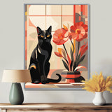 Retro Black Cat Sitting By Red Flowers - Cat Canvas Wall Art
