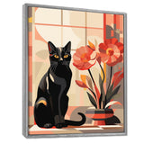 Retro Black Cat Sitting By Red Flowers - Cat Canvas Wall Art