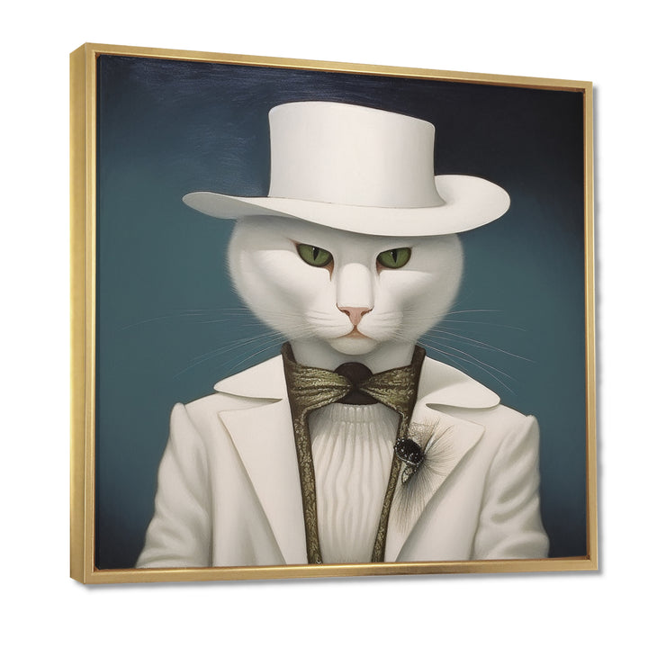 Fancy White Cat In Suit With White Hat - Cat Fashion Wall Decor