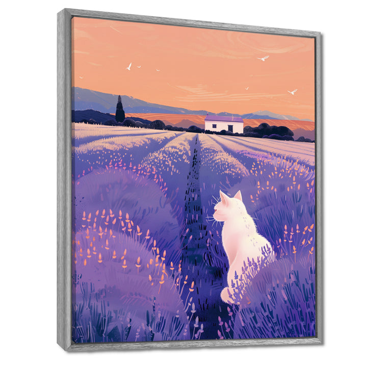White Cat In Lavender Field - Cat Wall Decor