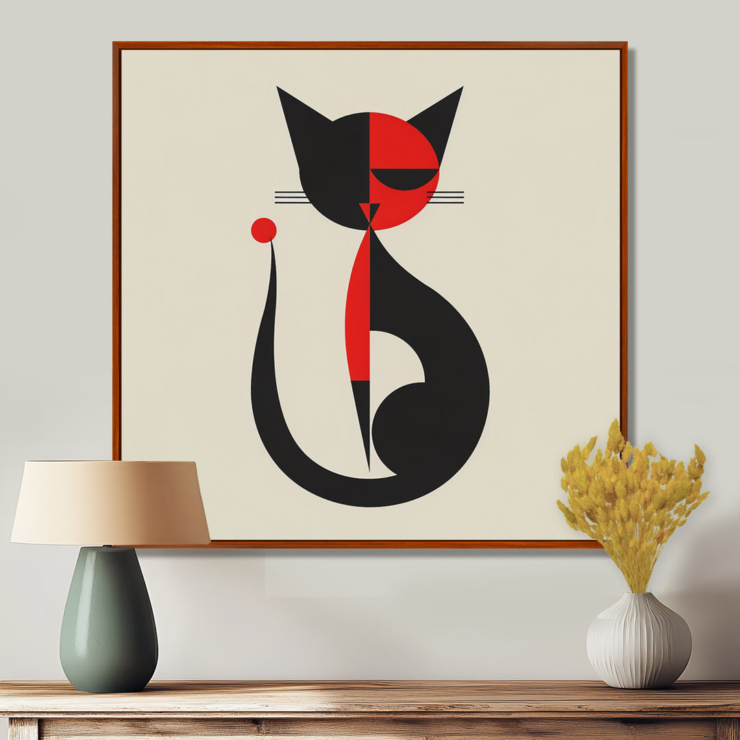 Minimal Cat In Black And Red - Black Cat Wall Art