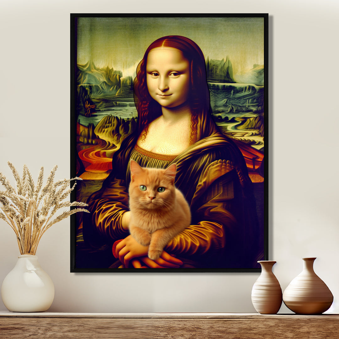 Mona Lisa With Brown Cat - Cat Framed Canvas Art