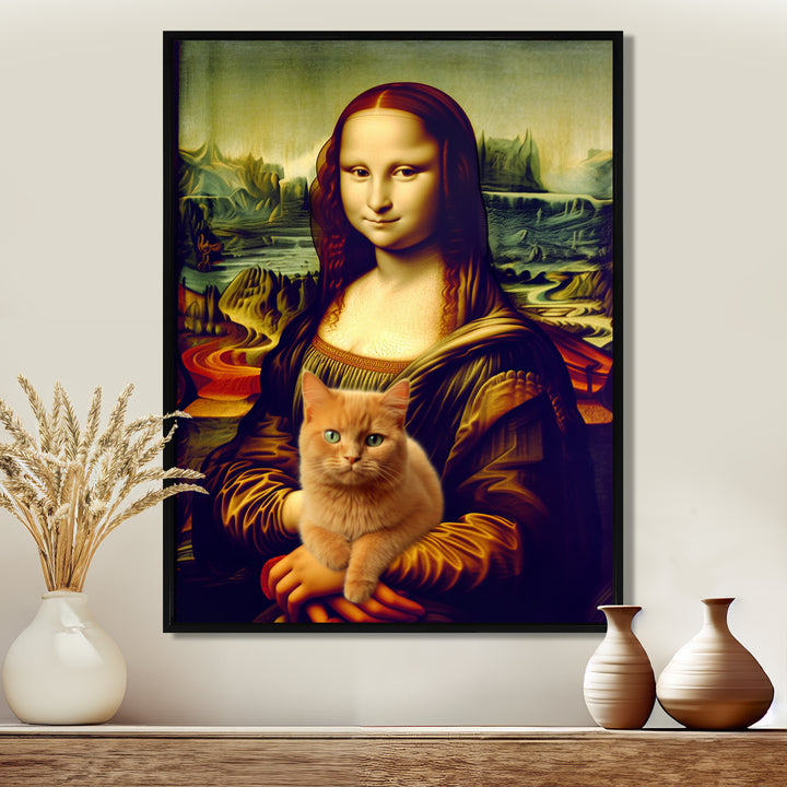 Mona Lisa With Brown Cat - Cat Framed Canvas Art