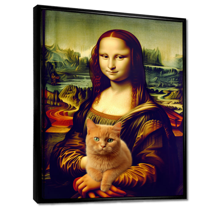 Mona Lisa With Brown Cat - Cat Framed Canvas Art