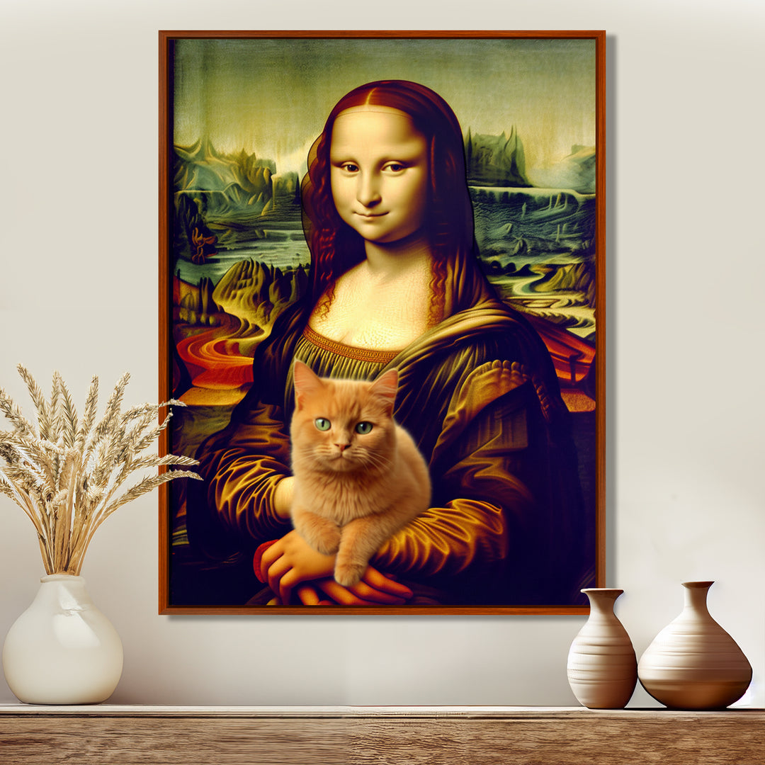Mona Lisa With Brown Cat - Cat Framed Canvas Art