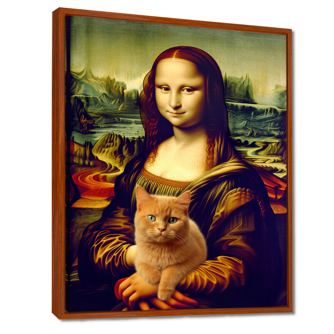Mona Lisa With Brown Cat - Cat Framed Canvas Art