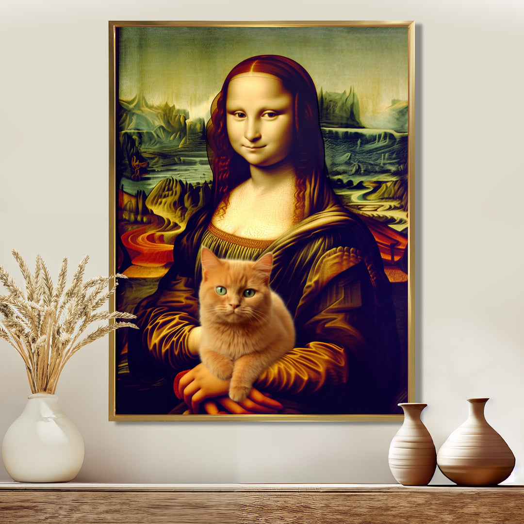 Mona Lisa With Brown Cat - Cat Framed Canvas Art