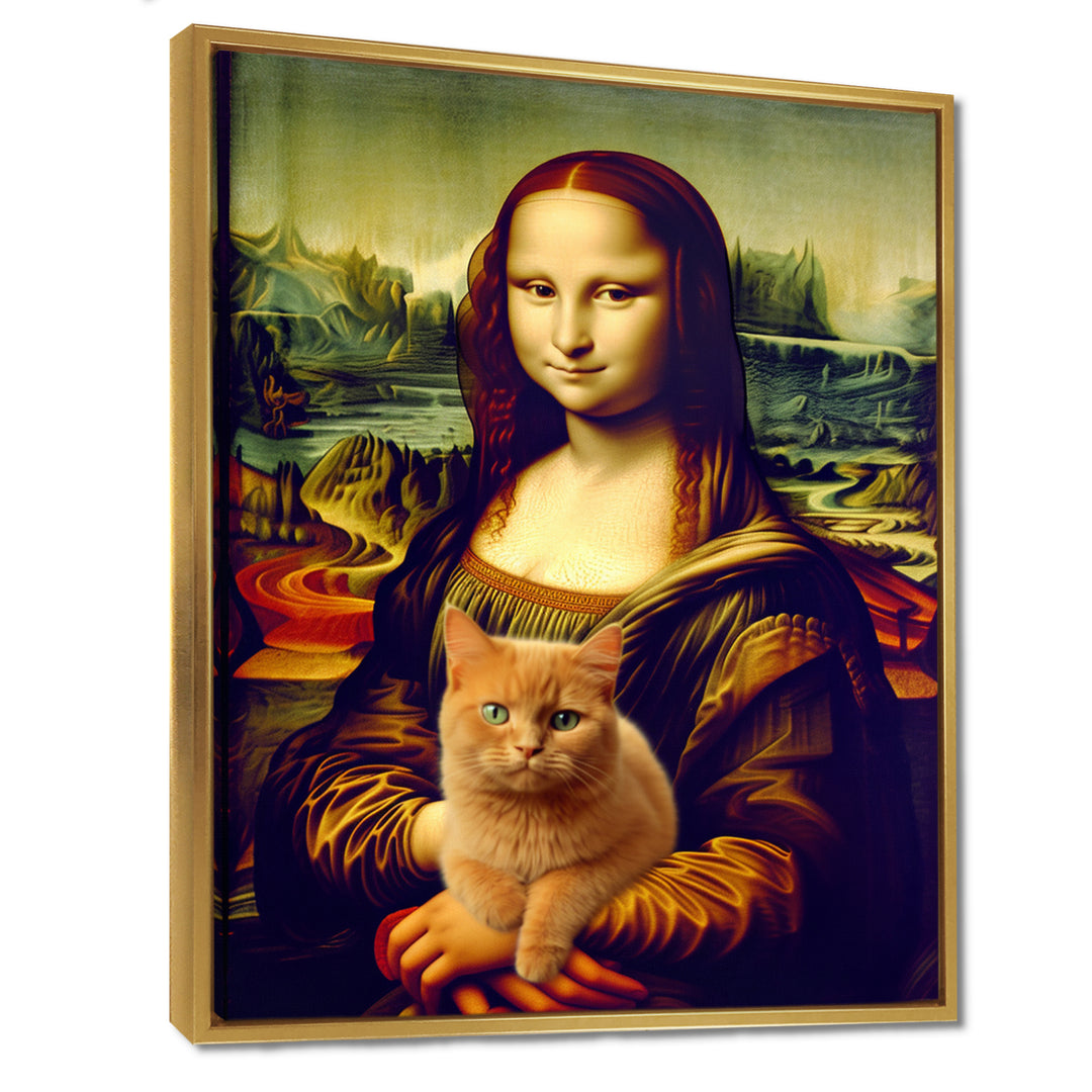 Mona Lisa With Brown Cat - Cat Framed Canvas Art