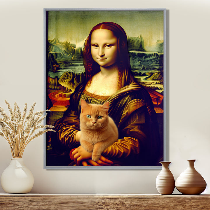 Mona Lisa With Brown Cat - Cat Framed Canvas Art