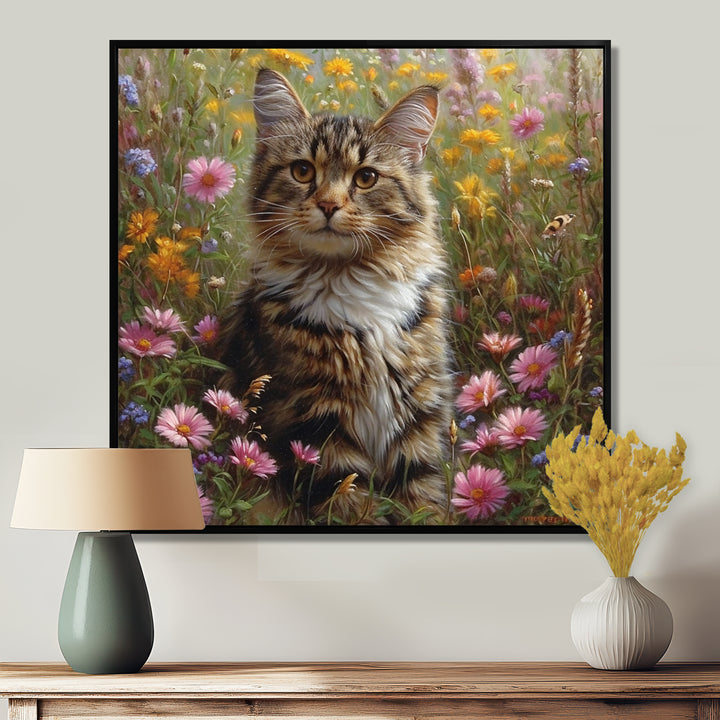 Cute Tiger Cat In Flower Field - Cat Home Decor Art